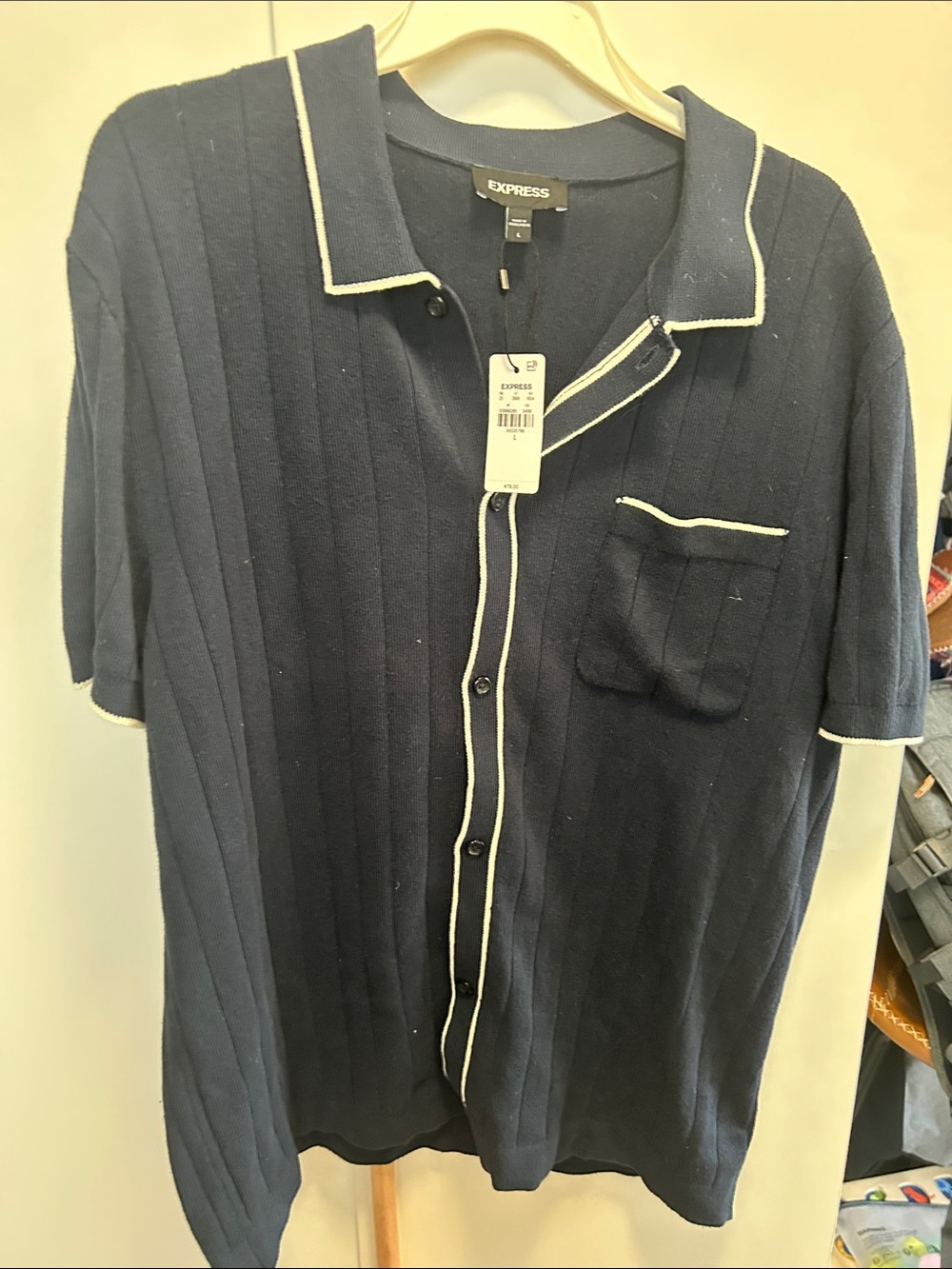 Express Navy Short-Sleeve Knit Polo with White Piping